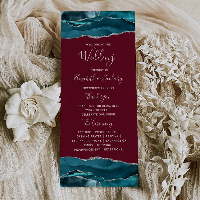 Teal Blue Silver Agate Burgundy Wedding Programme (Creator Uploaded)