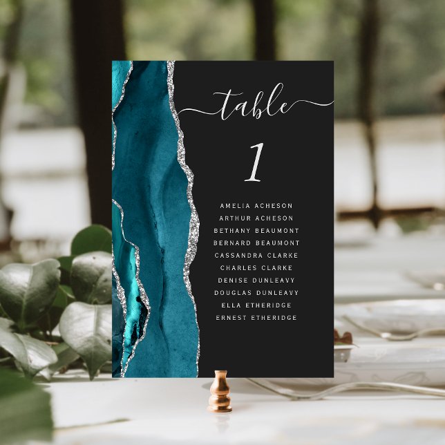 Teal Blue Silver Agate Dark Wedding Table Number (Creator Uploaded)
