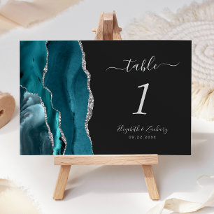 Teal Blue Silver Agate Dark Wedding Table Number