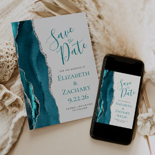 Teal Blue Silver Agate Grey Save the Date Card