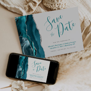 Teal Blue Silver Agate Grey Save the Date Card