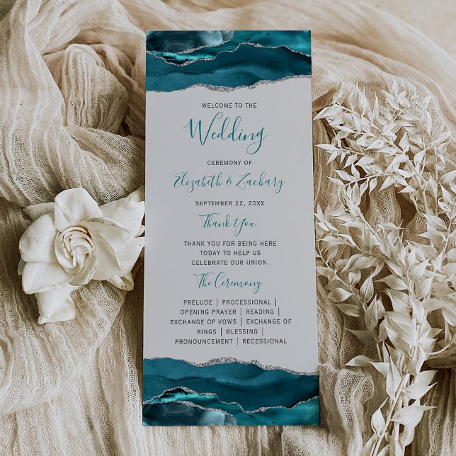 Teal Blue Silver Agate Grey Wedding Programme (Creator Uploaded)