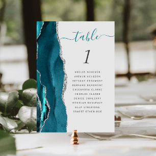 Teal Blue Silver Agate Grey Wedding Table Number