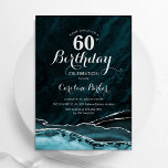 Teal Blue Silver Agate Marble 60th Birthday Invitation<br><div class="desc">Teal blue and silver agate 60th birthday party invitation. Elegant modern design featuring turquoise watercolor agate marble geode background,  faux glitter silver and typography script font. Trendy invite card perfect for a stylish women's bday celebration. Printed Zazzle invitations or instant download digital printable template.</div>