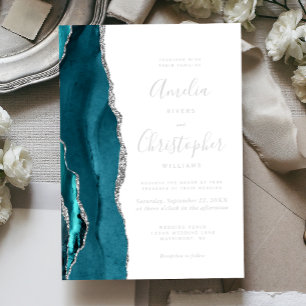 Teal Blue Silver Agate Modern Script Wedding