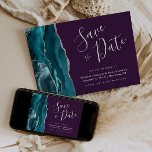 Teal Blue Silver Agate Purple Save the Date Card