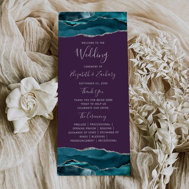 Teal Blue Silver Agate Purple Wedding Programme (Creator Uploaded)
