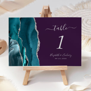 Teal Blue Silver Agate Purple Wedding Table Number