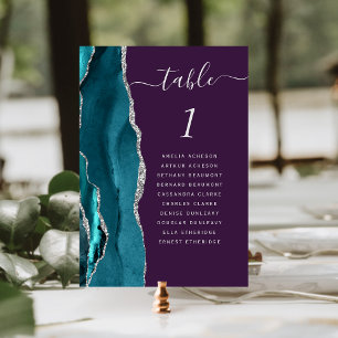 Teal Blue Silver Agate Purple Wedding Table Number