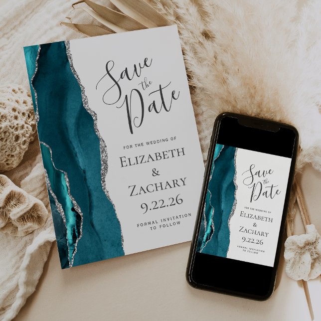 Teal Blue Silver Agate Save the Date Card (Creator Uploaded)