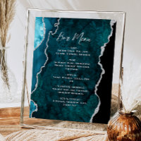 Teal Blue Silver Agate Script Wedding Bar Menu