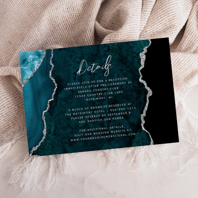 Teal Blue Silver Agate Script Wedding Details Enclosure Card (Creator Uploaded)