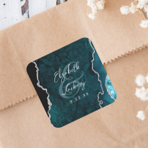Teal Blue Silver Agate Script Wedding Square Sticker