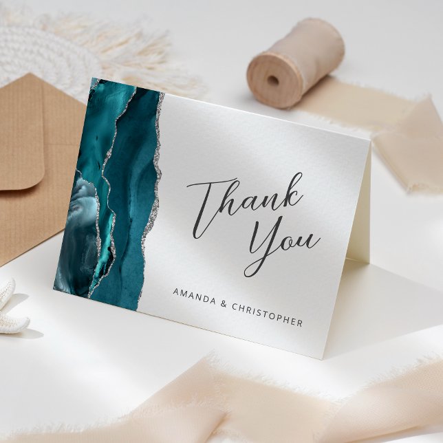 Teal Blue Silver Agate Script Wedding Thank You Card (Creator Uploaded)