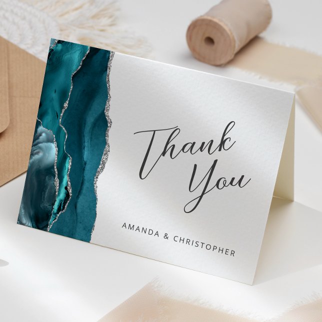Teal Blue Silver Agate Script Wedding Thank You Card (Creator Uploaded)