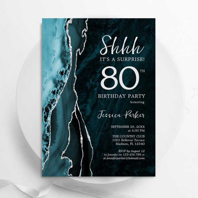 Teal Blue Silver Agate Surprise 80th Birthday Invitation (Creator Uploaded)