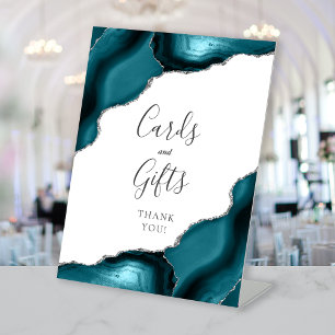 Teal Blue Silver Agate Wedding Cards & Gifts Pedestal Sign