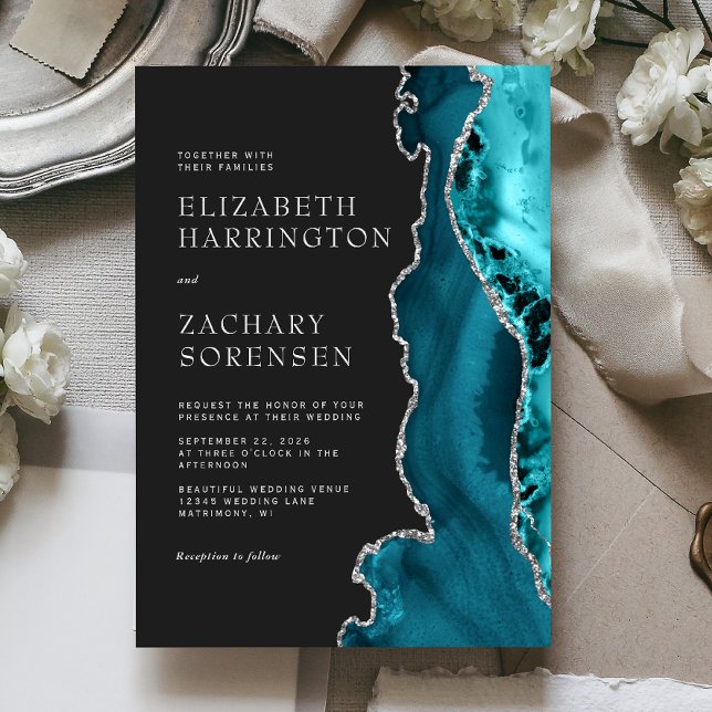 Teal Blue Silver Agate Wedding Invitation (Creator Uploaded)