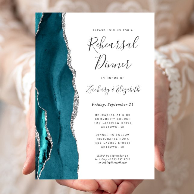 Teal Blue Silver Agate Wedding Rehearsal Dinner Invitation (Creator Uploaded)