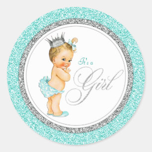 Teal Blue Silver Baby Shower Classic Round Sticker