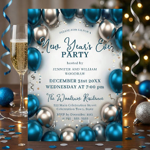 Teal Blue Silver Balloons Confetti New Year's Eve Invitation