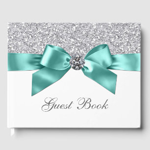 Teal Blue Silver Birthday Wedding Guest Book