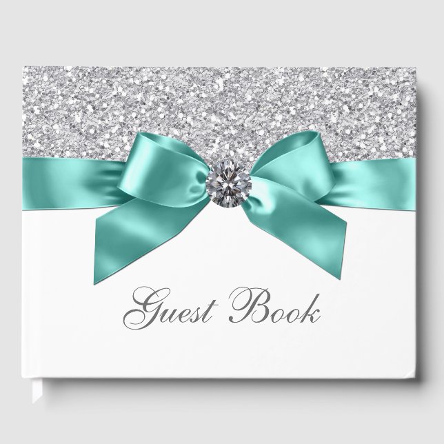 Teal Blue Silver Birthday Wedding Guest Book (Front)