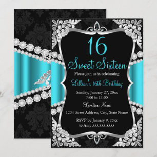 Teal Blue Silver Black Tiara Sweet 16 Invitation