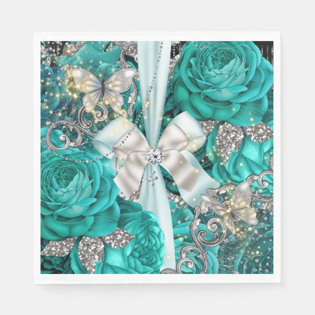 Teal blue silver butterfly rose shabby vintage napkin (Front)