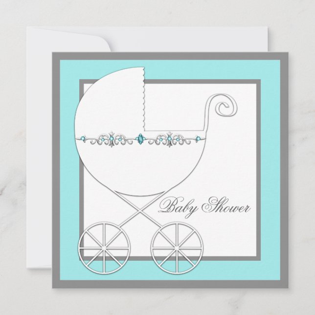 Teal Blue Silver Carriage Baby Shower Invitations (Front)