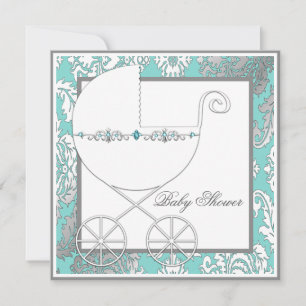 Teal Blue Silver Carriage Baby Shower Invitations