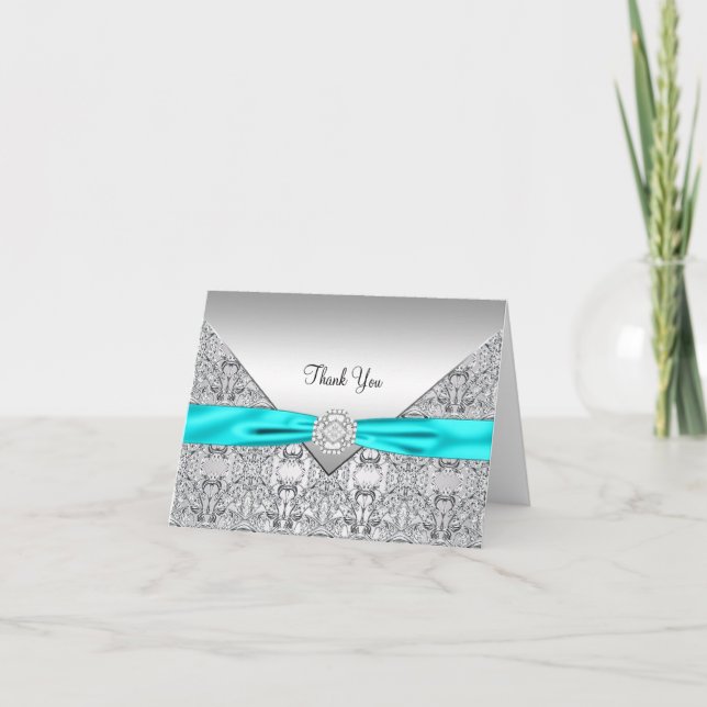 Teal Blue Silver Elegant Thank You Card (Front)