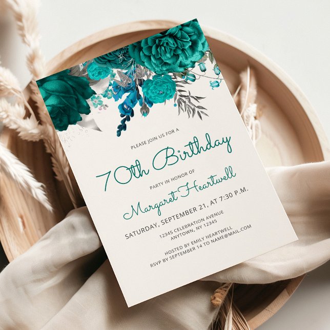 Teal Blue Silver Floral 70th Birthday Party Invitation (Creator Uploaded)
