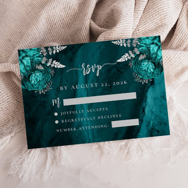 Teal Blue Silver Floral Agate Script Wedding RSVP Enclosure Card (Creator Uploaded)