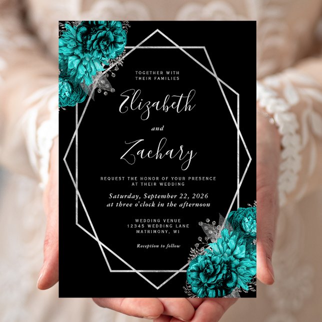 Teal Blue Silver Floral Black Wedding Invitation (Creator Uploaded)