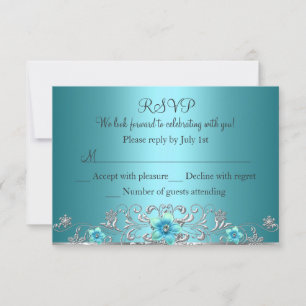 Teal Blue Silver Floral Swirl RSVP