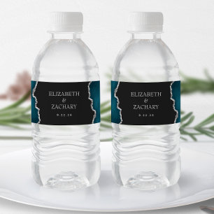 Teal Blue Silver Glitter Agate Dark Wedding Water Bottle Label