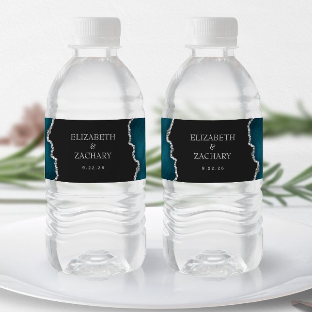 Teal Blue Silver Glitter Agate Dark Wedding Water Bottle Label (Creator Uploaded)
