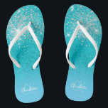 Teal blue silver glitter aqua sea green monogram jandals<br><div class="desc">A teal,  blue sea,  ocean green glitter gradient background. Decorated with faux silver glitter drops. Personalise and add a name and monogram letters. A modern hand lettered style script,  white and blue letters</div>