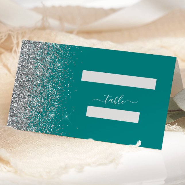 Teal Blue Silver Glitter Edge Wedding Place Card (Creator Uploaded)