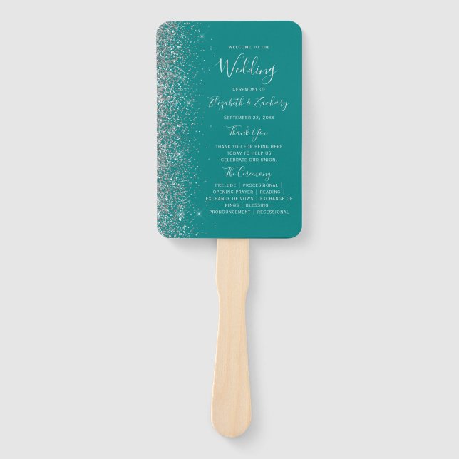 Teal Blue Silver Glitter Edge Wedding Program Hand Fan (Front)