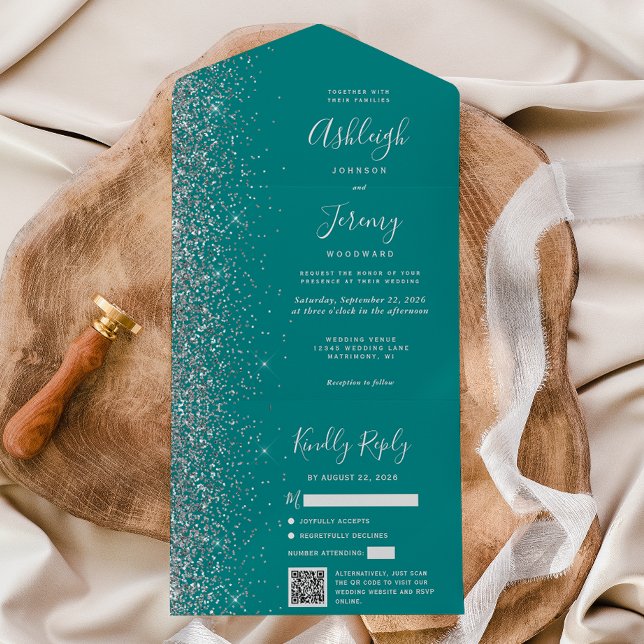 Teal Blue Silver Glitter QR Code Wedding All In One Invitation (Creator Uploaded)