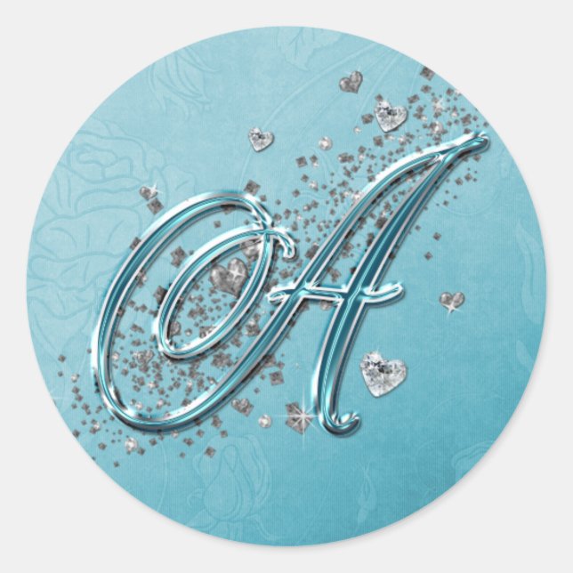 Teal Blue Silver Glitter Script Text Monogram A Classic Round Sticker (Front)
