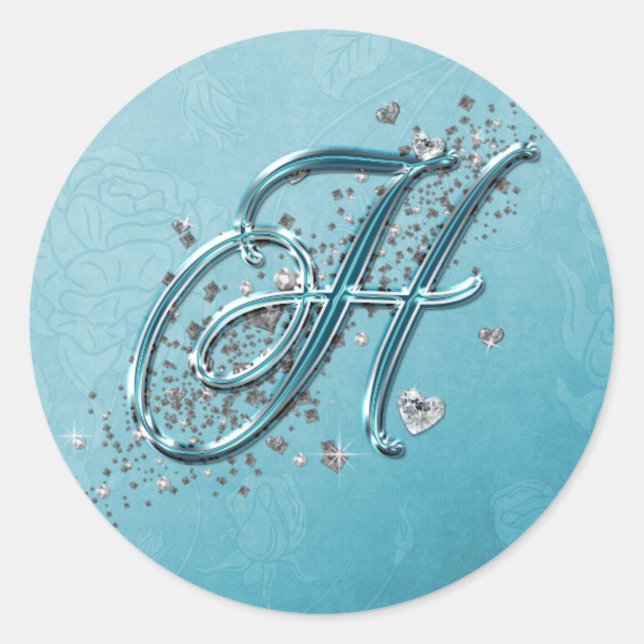 Teal Blue Silver Glitter Script Text Monogram H Classic Round Sticker (Front)