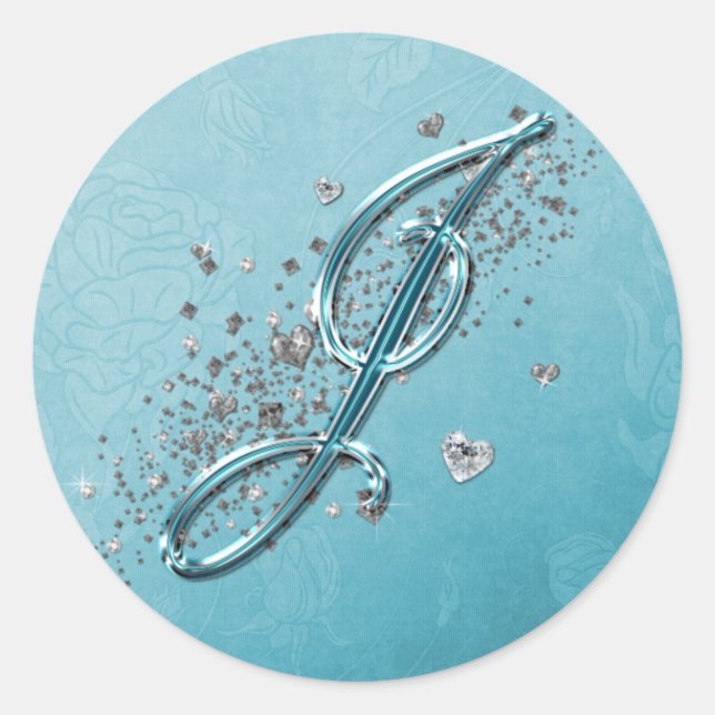 Teal Blue Silver Glitter Script Text Monogram J Classic Round Sticker (Front)