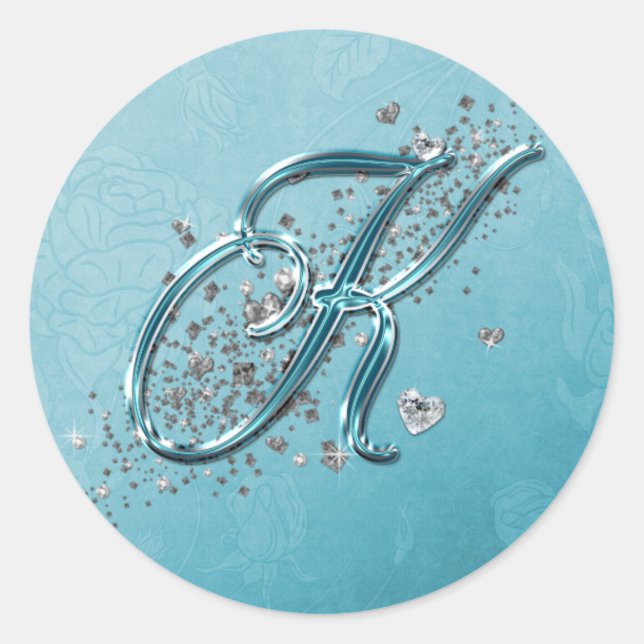Teal Blue Silver Glitter Script Text Monogram K Classic Round Sticker (Front)
