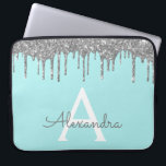 Teal Blue Silver Glitter Sparkle Monogram Laptop Sleeve<br><div class="desc">Teal Blue - Aqua and Silver Faux Dripping Modern and Elegant Girly Glitter and Sparkle Elegant Monogram Case. This case can be customised to include your initial and first name.</div>