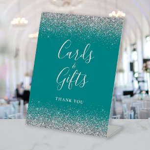 Teal Blue Silver Glitter Wedding Cards and Gifts Pedestal Sign