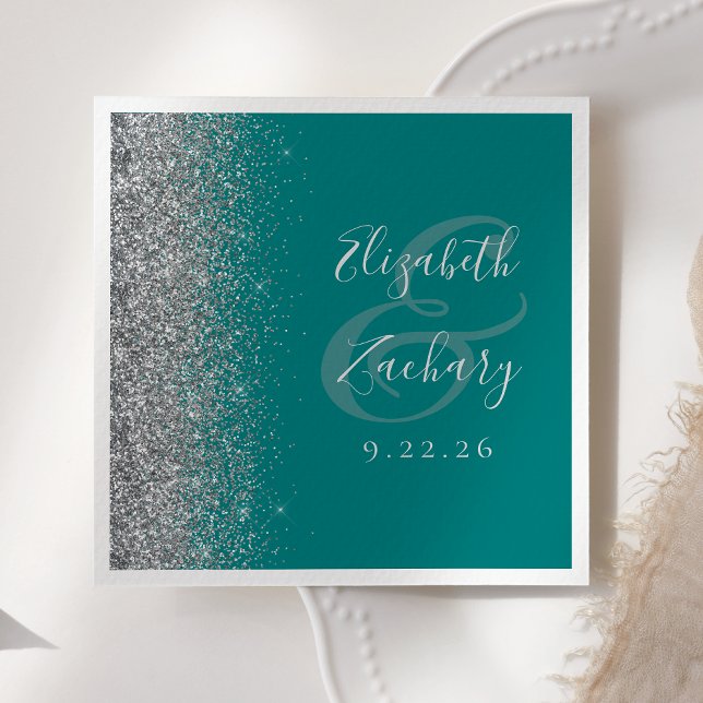 Teal Blue Silver Glitter Wedding Napkins (Creator Uploaded)