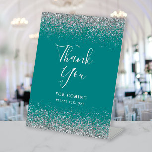 Teal Blue Silver Glitter Wedding Thank You Pedestal Sign
